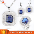 Guangzhou fashion wholesale price white gold plated square shape sapphire 925 sterling silver jewelry set for ladies